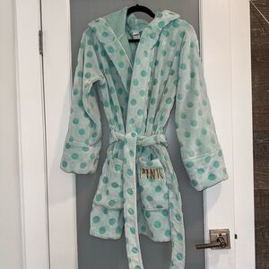 Vintage PINK Victoria's Secret Polka Dot Light Blue Fleece Soft Robe (XS/S)